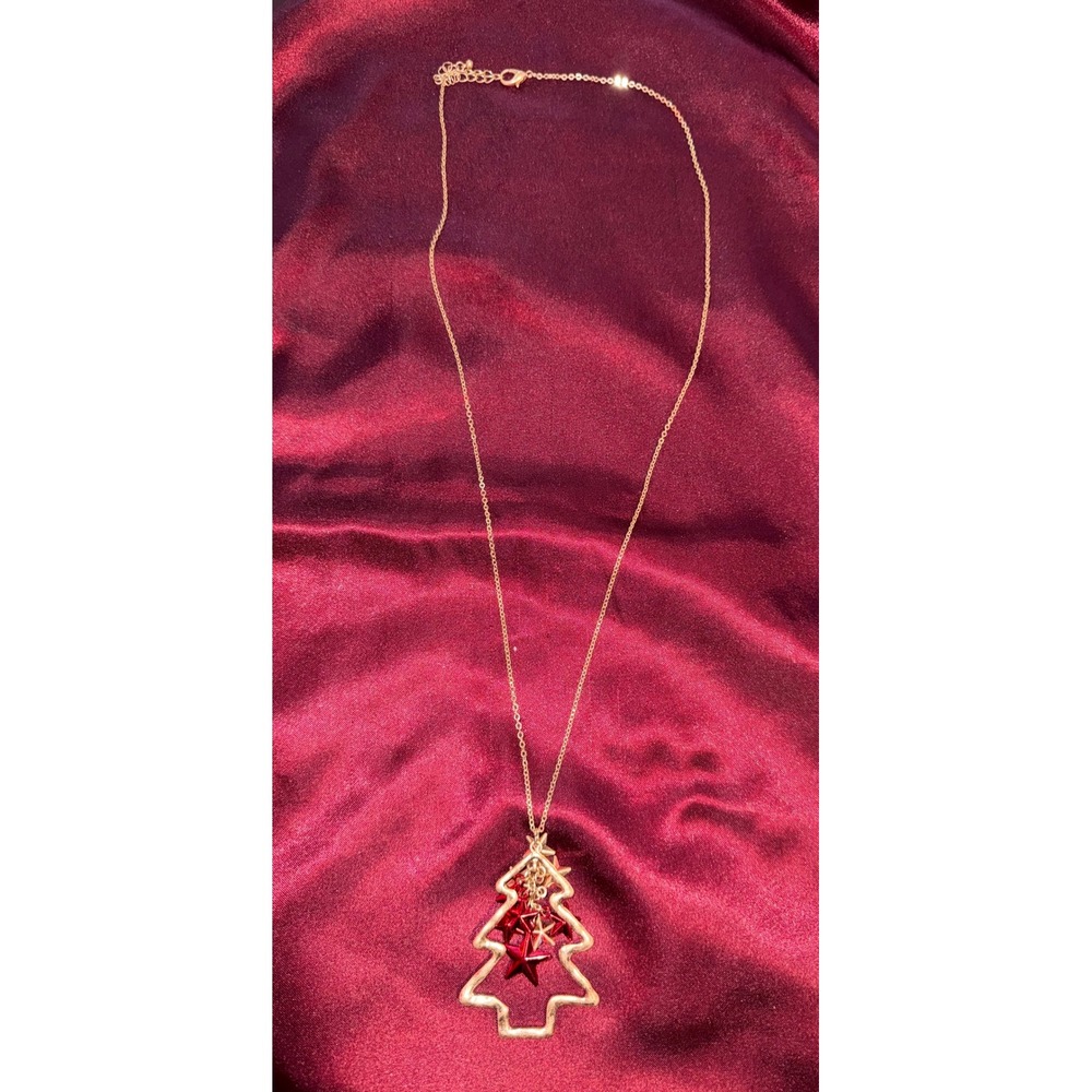 Gold Tone Christmas Tree Pendant Necklace Red Star Charms Holiday Jewelry 17in